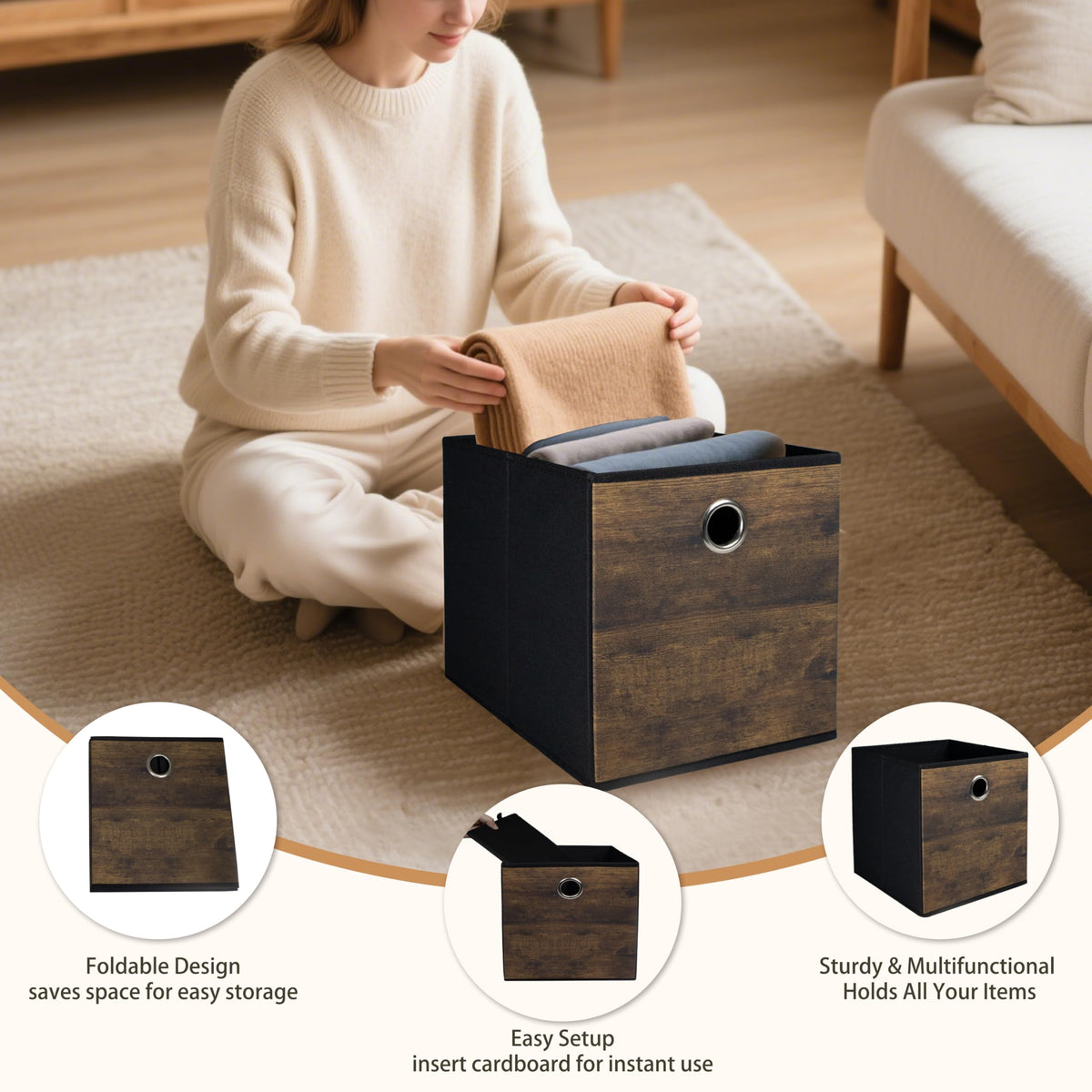 4-Pack Durable Storage Cube Box with Wood Grain Decorative Thickened Fabric Stroage Basket,Space-saving Cube Storage Unit Box for