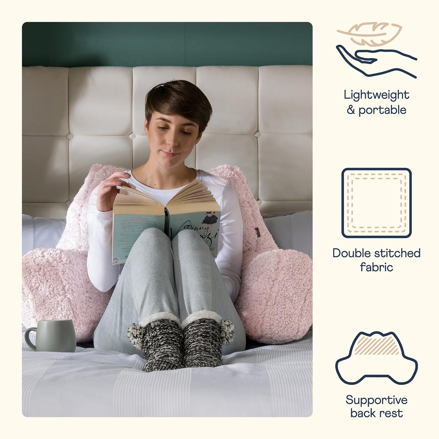 icon Teddy Bear Fluffy Fleece Cuddle Cushion, Dusk Pink, Reading Pillow, Back Support Cushion, Back Support Pillow for Bed with filling included,