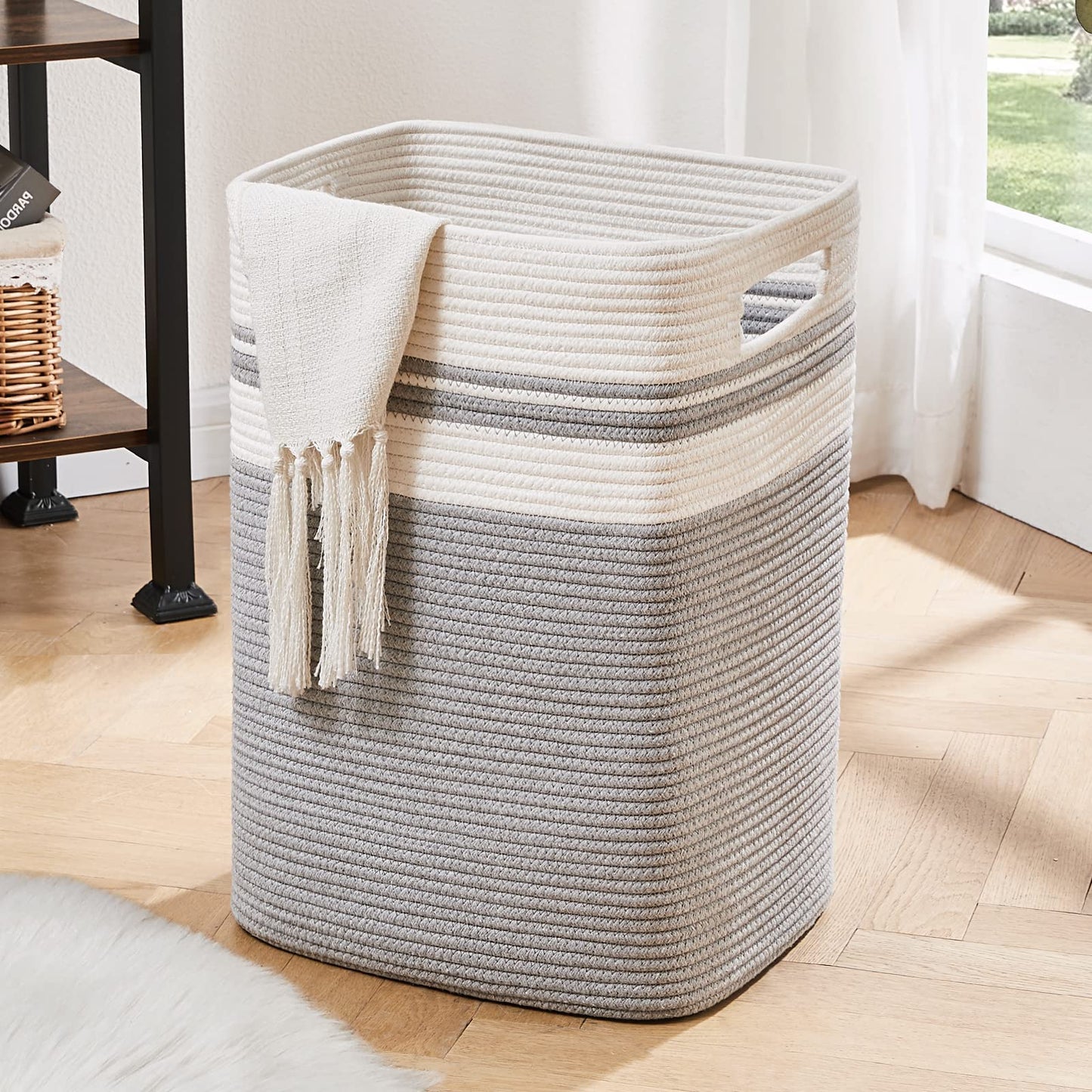 OIAHOMY Laundry Hamper - Tall Cotton Storage Basket With Handles, Decorative for Living Room, Collapsible Large for Toys, Pillows, Clothes -