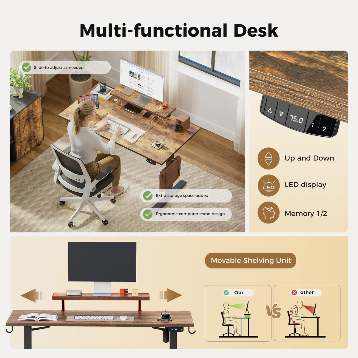 Agilestic Eletric Height Adjustable Desk, Movable Monitorstand, 160x60cm