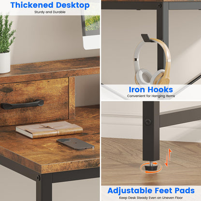 Feonase Industrial-Style Computer Desk with Elevated Monitor Riser & Dual Drawers – 100cm Wide MDF Desktop for Home Office