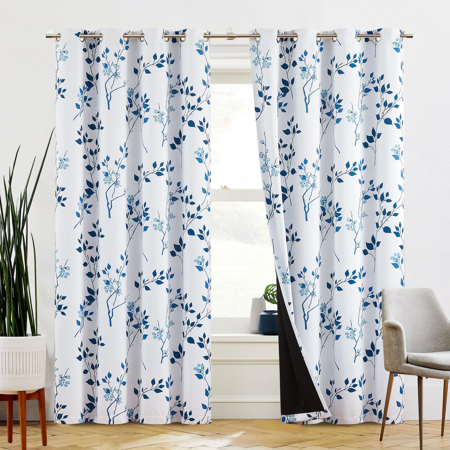 Beauoop Navy Blue Floral Blackout Curtains for Living Room Bedroom 90 Inch Drop Leaf Print Eyelet Curtain Botanical Thermal Insulated Noise Reducing