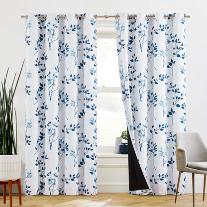 Beauoop Navy Blue Floral Blackout Curtains for Living Room Bedroom 90 Inch Drop Leaf Print Eyelet Curtain Botanical Thermal Insulated Noise Reducing