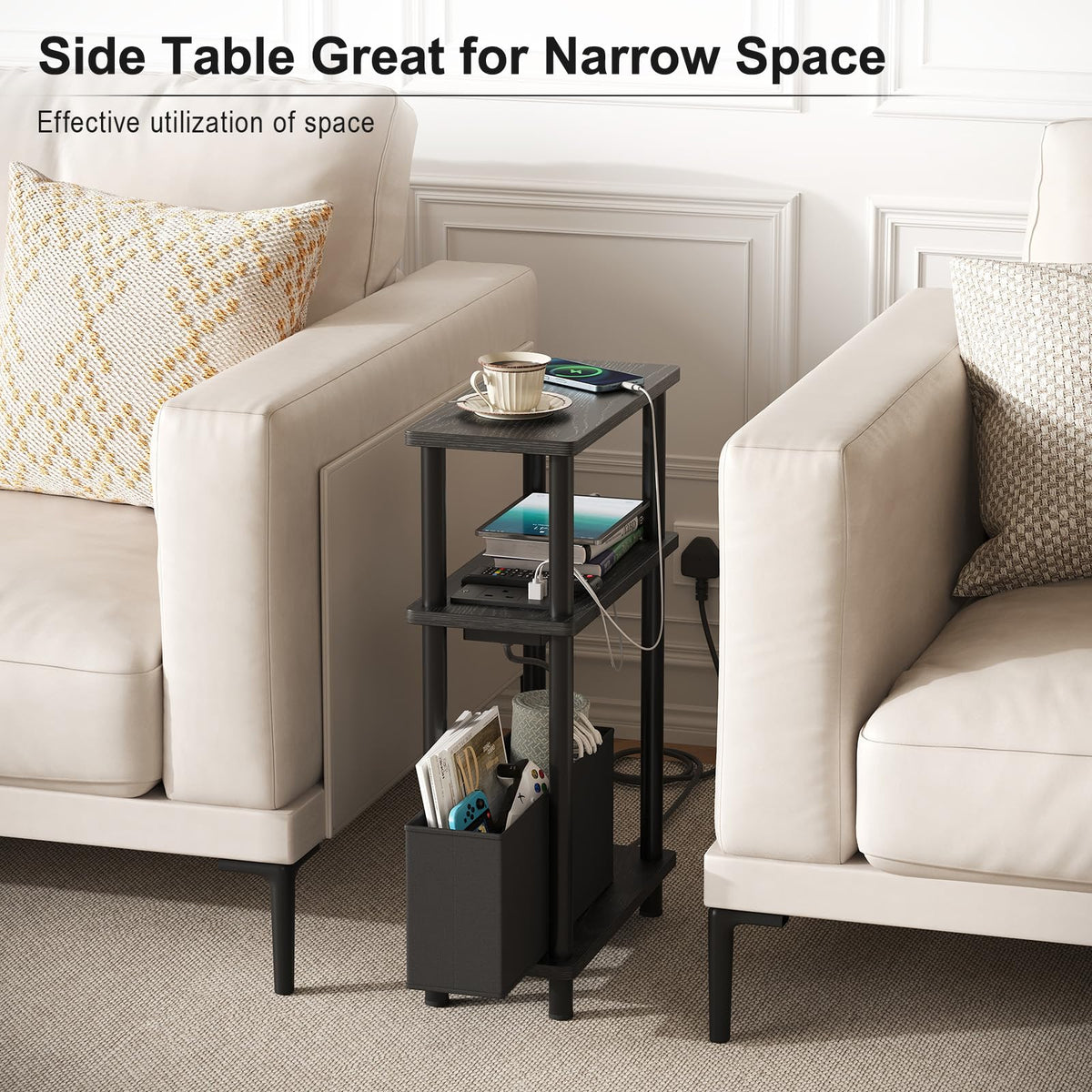 APICIZON Narrow Side Table, 3 Tier Bed Side Table, Slim End Table with Charging Station, for Living Room, Bedroom
