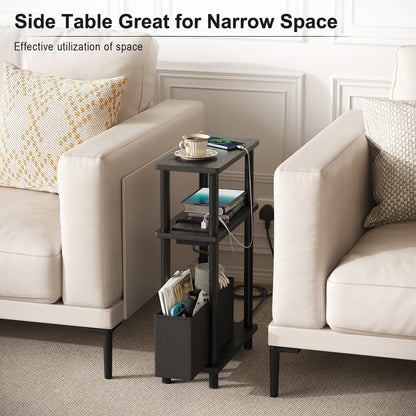 APICIZON Narrow Side Table, 3 Tier Bed Side Table, Slim End Table with Charging Station, for Living Room, Bedroom
