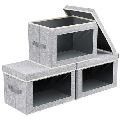 DIMJ 3 Pack Foldable Storage Boxes with Lids - Storage Bins with Clear Window, Fabric Storage Basket with Handle Wardrobe Organiser for Clothes, Toys