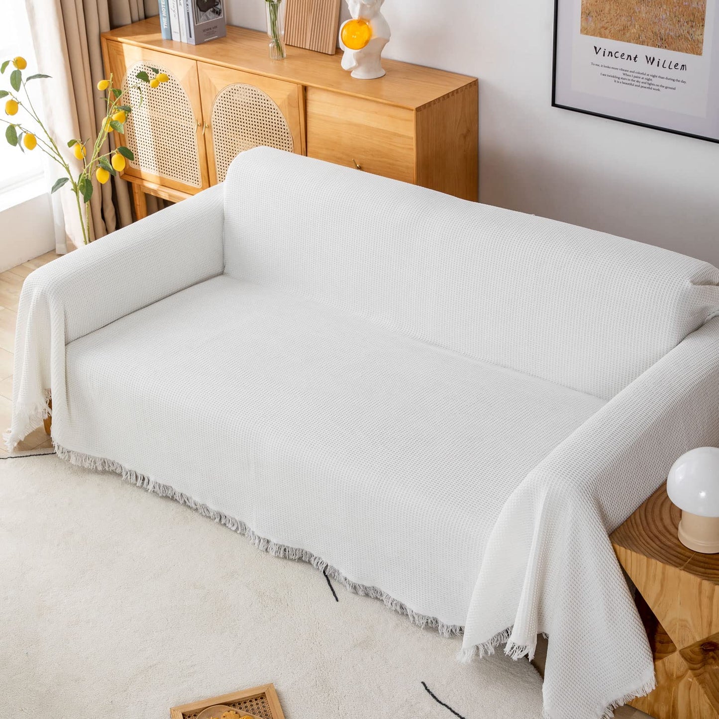 GAOWEI Waffle Sofa Throws Couch Cover Large 3 seater with Decorative Fringe ideal for Sofa Couch Chair and Bed Cotton fit All Season,White 180x300cm