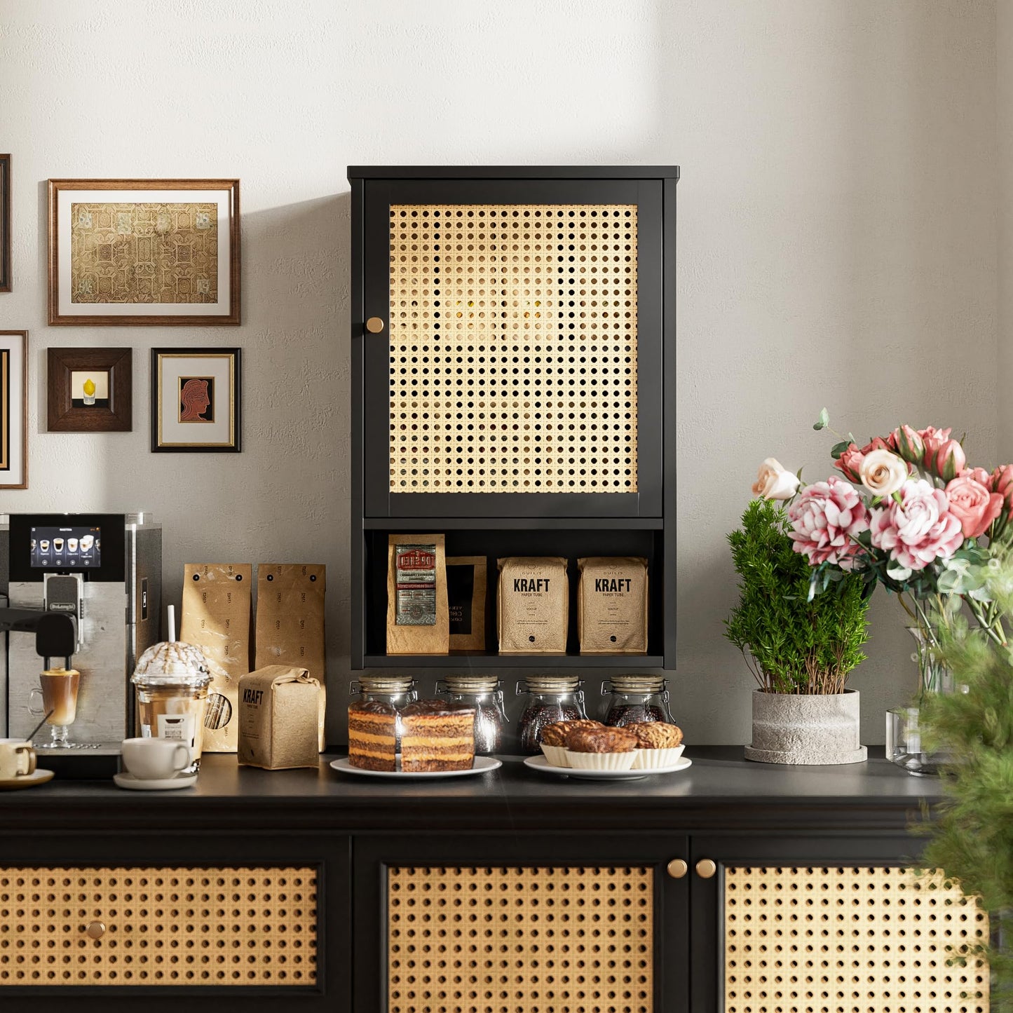HITNET Wall Cabinet, Bamboo Medicine Cabinet with Single Rattan Door and Adjustable Shelf