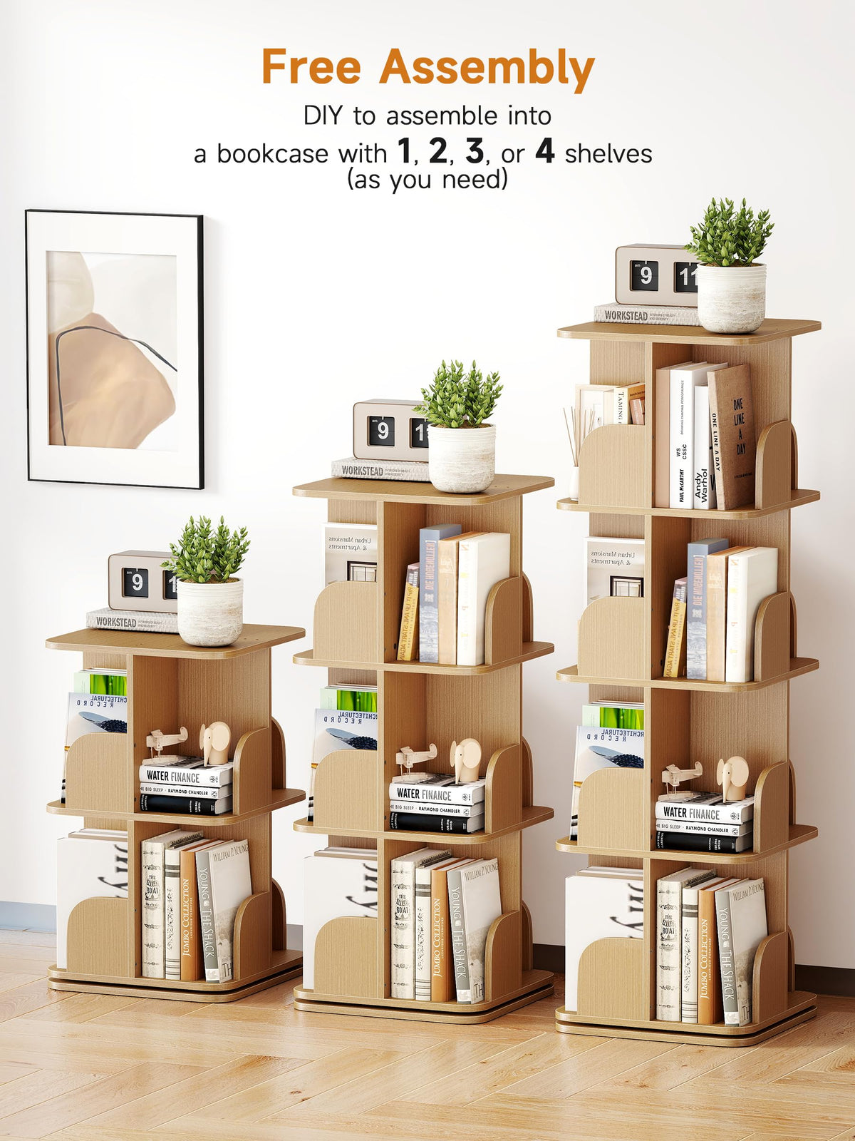 yeshine 4 Tier Rotating Bookshelf Wood Square Revolving Bookcase