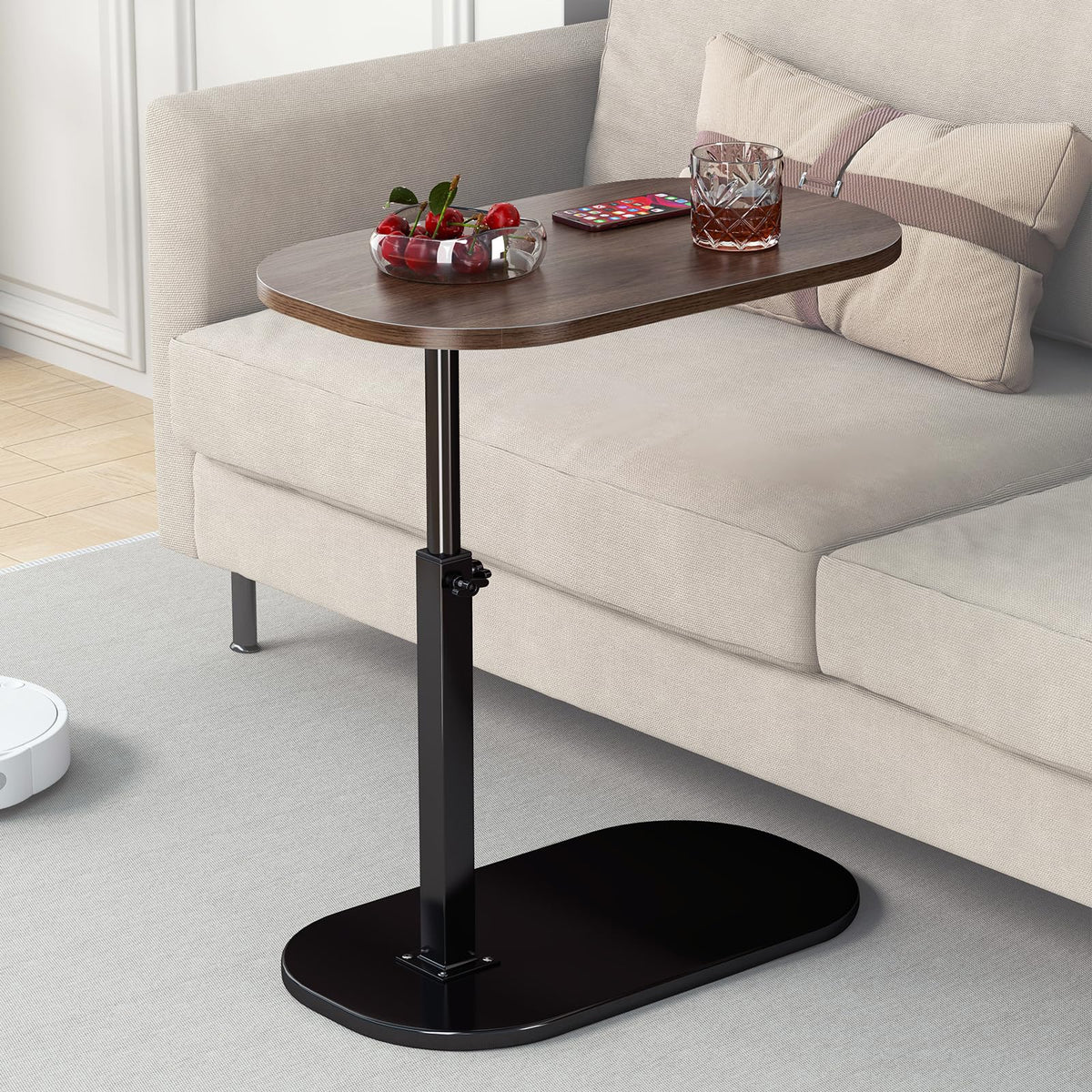 C Shaped Side Table Adjustable Height, 360°Swivel Sofa Side Table That Slide Under, Small Coffee End Table for Couch and Bedside