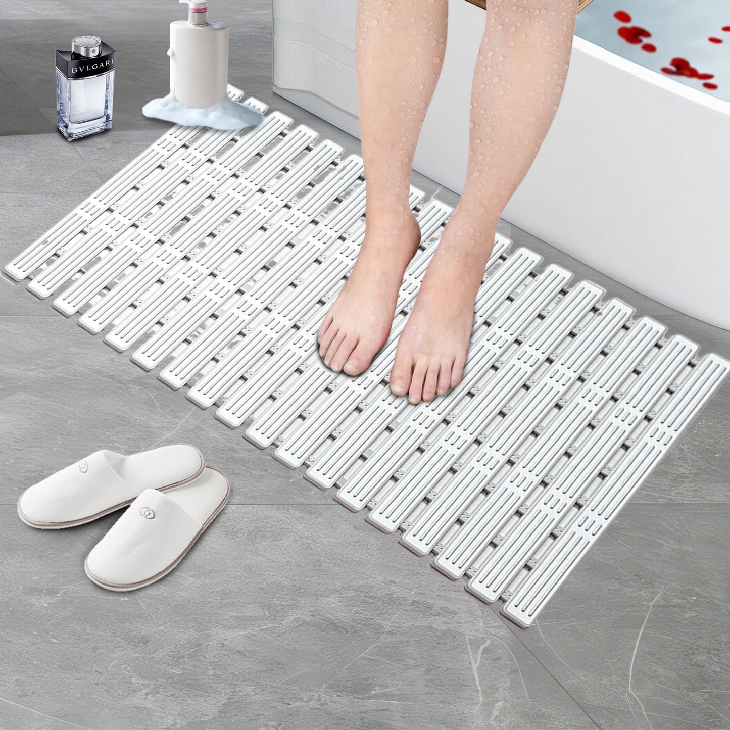 Non Slip Shower Mat with Suction Cups 90x40cm, Machine Washable Extra Long Bath Mats for Inside Bathroom, Cut to Size Rubber Anti Mould Bathtub Mats,