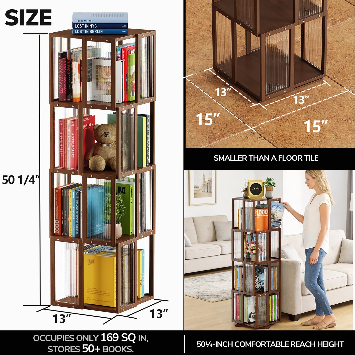 BAMEOS Rotating Bookshelf Tower 4 Tier，360°Storage Spinning Bookcase, Solid Wood Brown Cube Corner Bookshelf for Office, Bedroom and Living Room