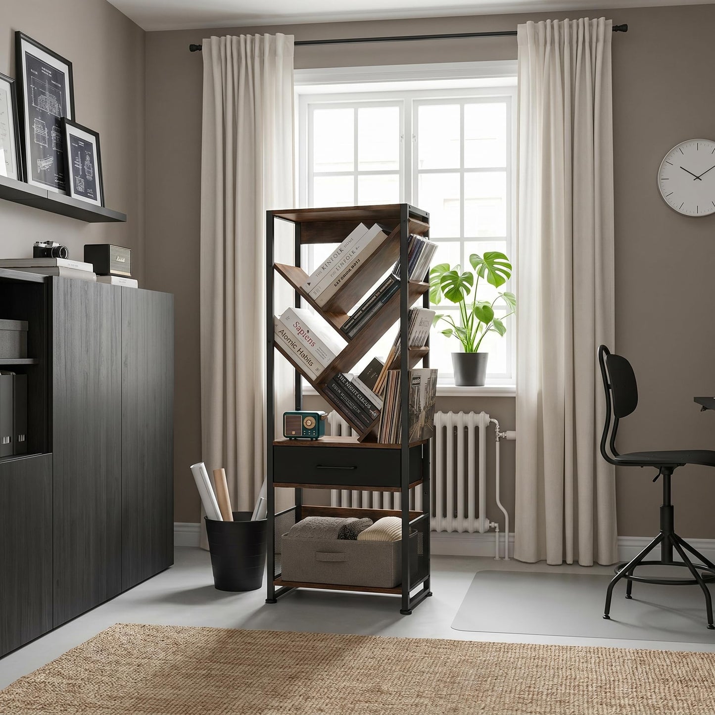 ruboka Tree Bookshelf with Side Table, Tall Bookcase with Storage Cabinet, Floor Standing Modern Narrow Bookshelves Organizer for Bedroom/Living