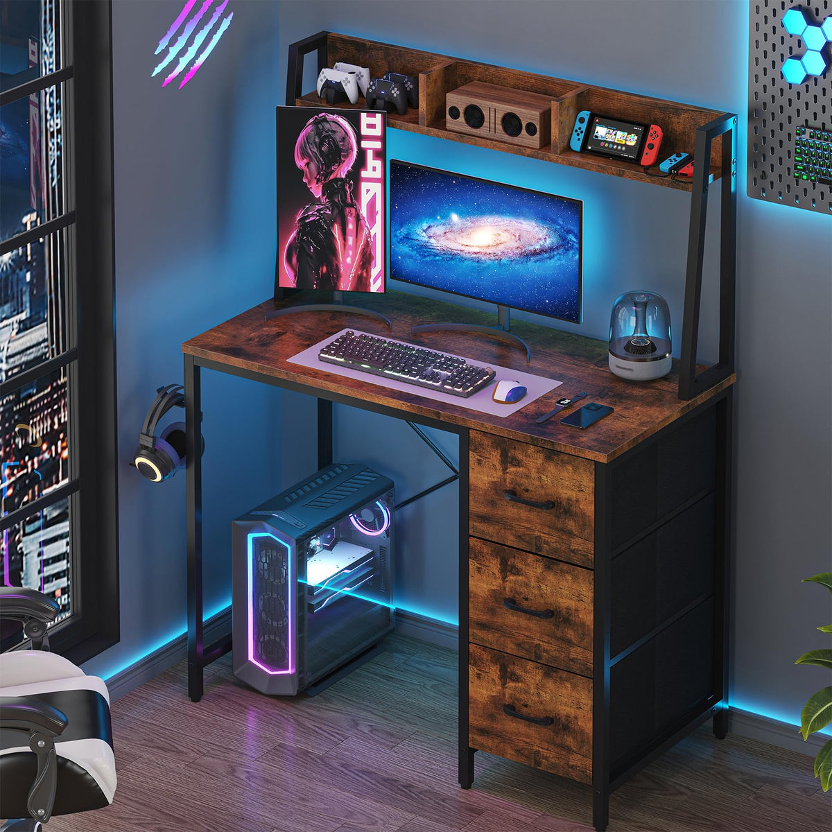 Feonase Industrial-Style Computer Desk with 3-Tier Wall-Mounted Shelf & 3 Fabric Drawers – MDF Desktop for Home Office, Study & Organization