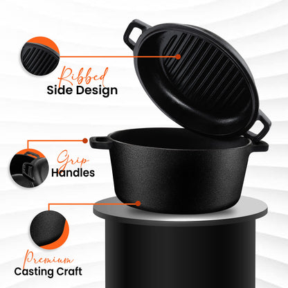 KICHLY 4.7L/5.0 Quart Pre Seasoned Cast Iron Pan, Dutch Oven with Lid, Dual Function Griddle Pan, 10.6 Inch (27 cm), Casted Pot with lid, Casserole