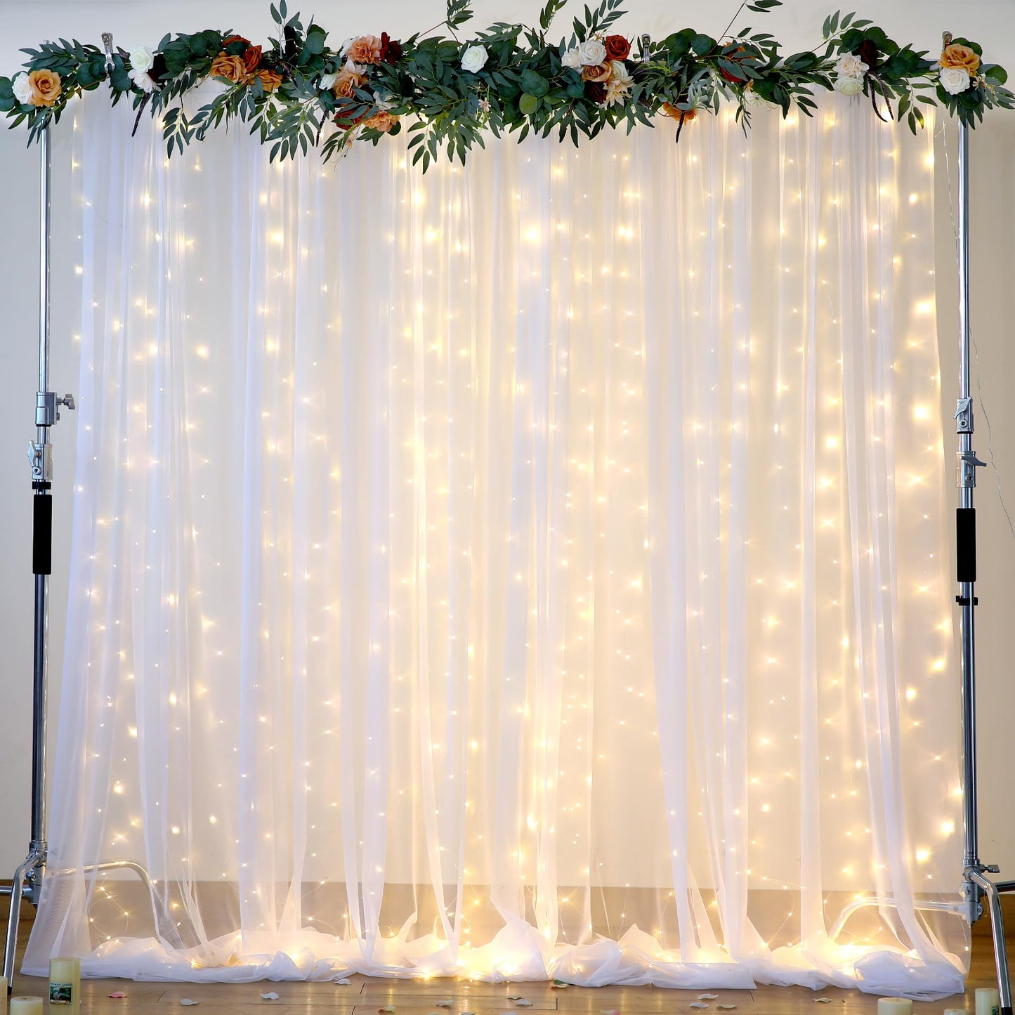 White Tulle Backdrop with Lights String for Parties - 108ft Sheer Curtains for Wedding, Baby Shower, Birthday Party & Photo Shoot Decorations (2