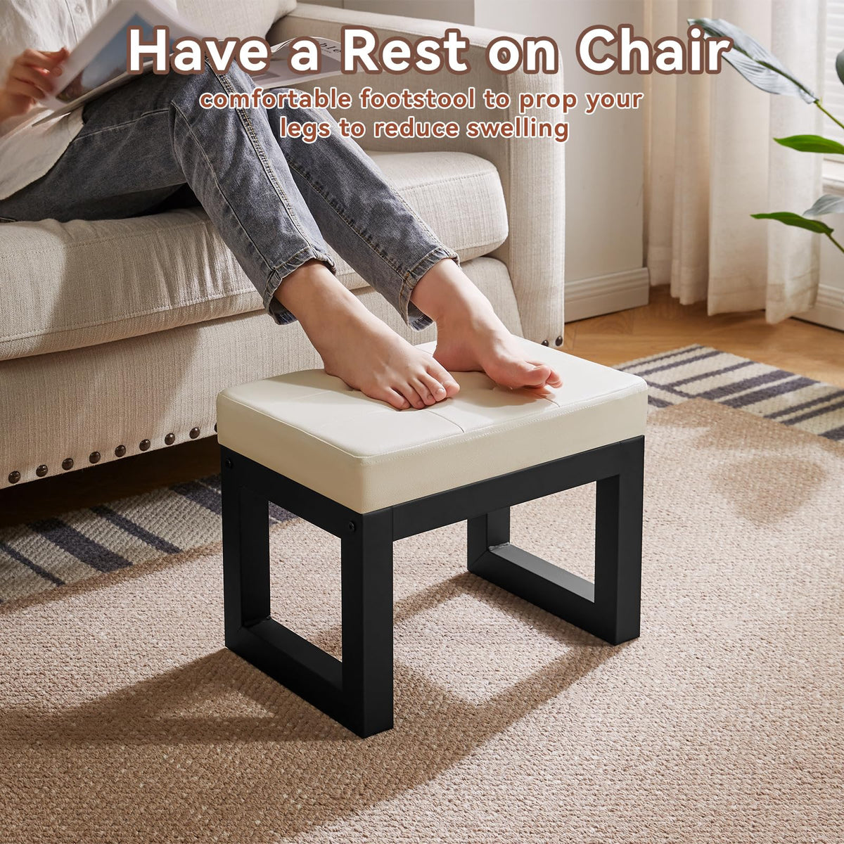 IBUYKE 16 Inch Small Foot Stool Ottoman, Rectangle PU Faux Leather Foot Rest with Padded Seat and Metal Legs