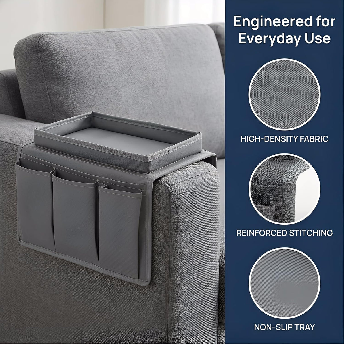 SIXHAOBU Sofa Armrest Organizer with Tray, Versatile Armchair Tray Waterproof Sofa Arm Chair Table Holder Non-Slip Armrest Organiser with 4 Bags for