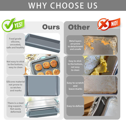 To encounter Silicone Baking Pans Set, 4 Pieces Nonstick Bakeware Set with Baking Pans, Baking Sheets, Cookie Sheets, Cake Pan with Metal Reinforced