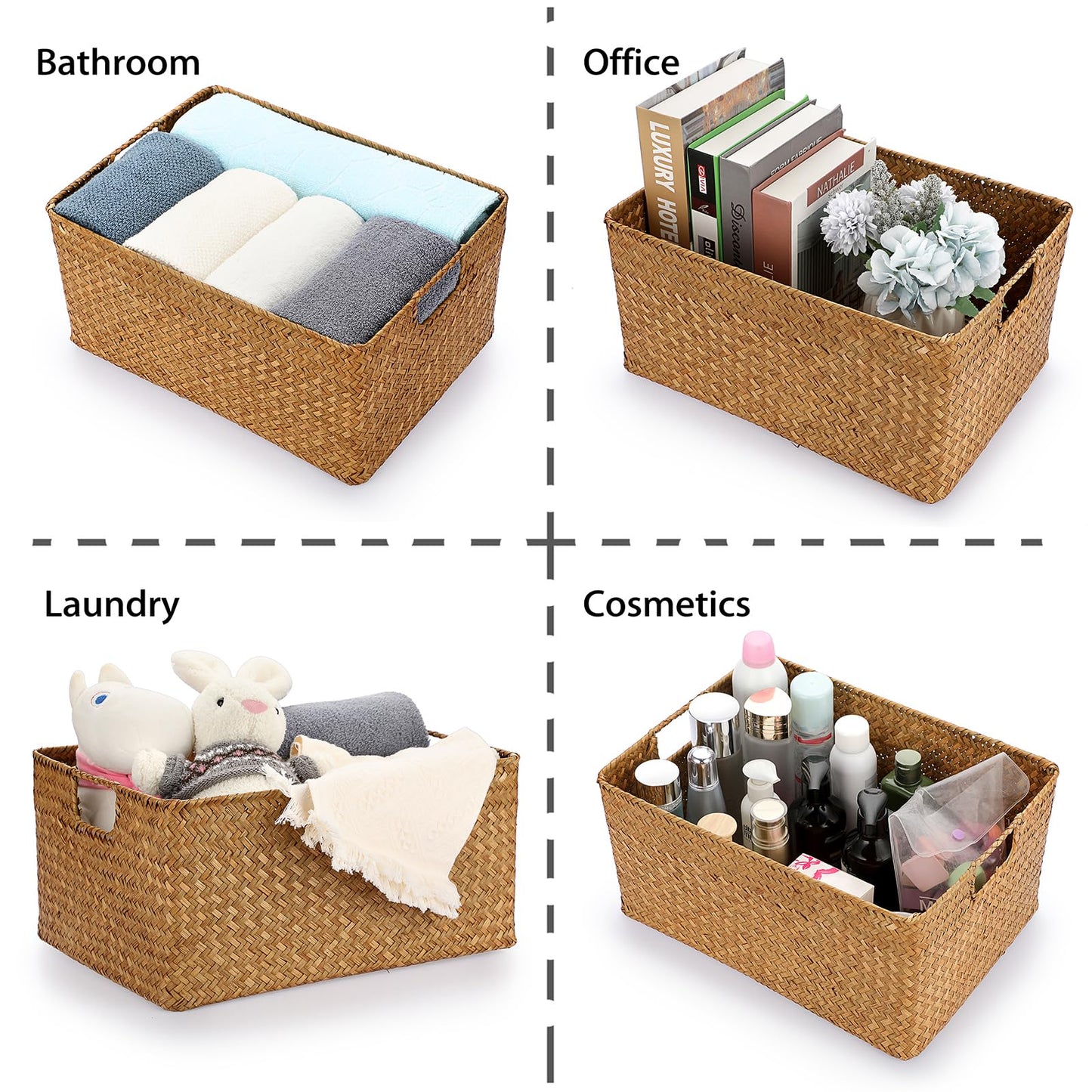 IGNPION Seagrass Storage Opened Basket Living Room Decorative Baskets Woven Wicker Towel Basket Rectangular Bathroom Storage Organiser Box