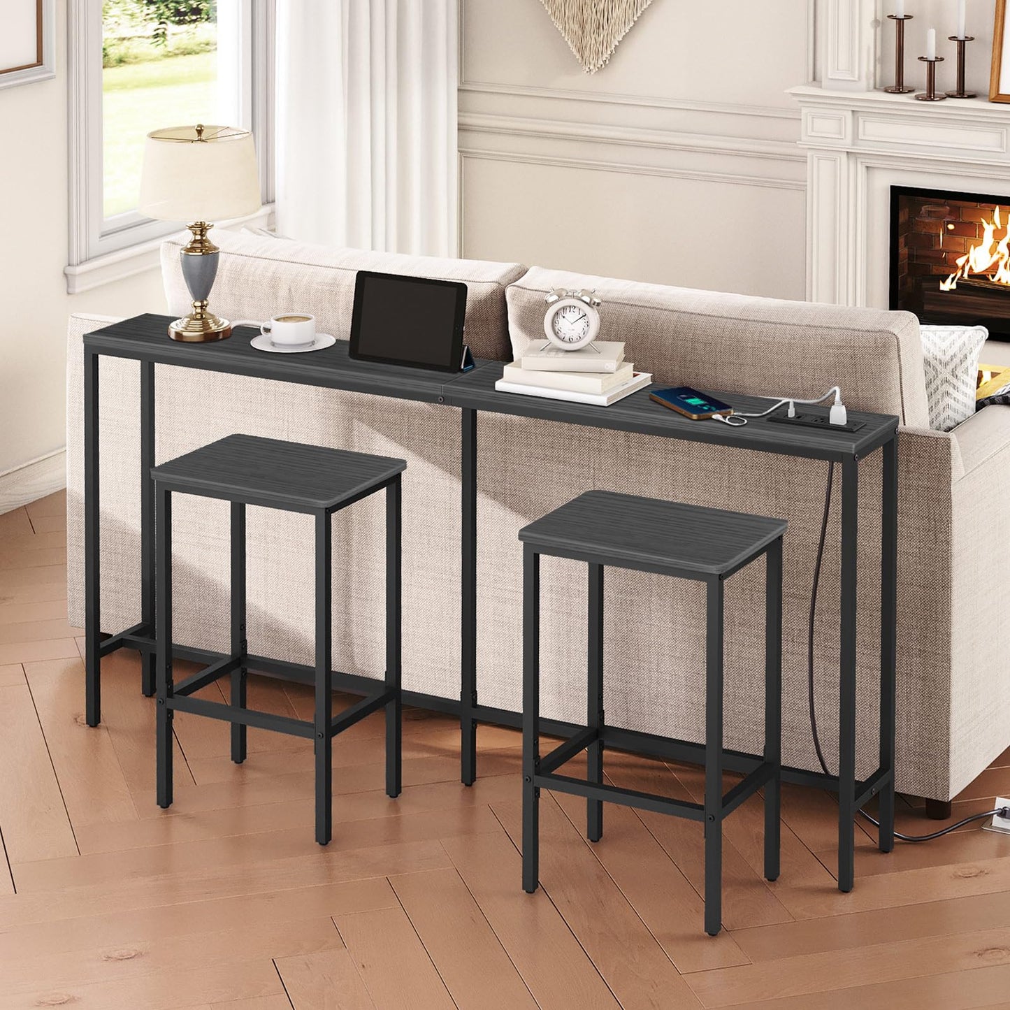 MAHANCRIS Skinny Console Table with Power Outlets, 160 cm Narrow Sofa Table, Behind Couch Table with Charging Station for Plants, Living Room