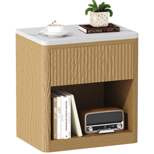 Yusong Night Stand, Wood Fluted Nightstand, 22" Large Bedside Table End Table with Faux Marble Top, Modern Night Stands with Drawer Storage for