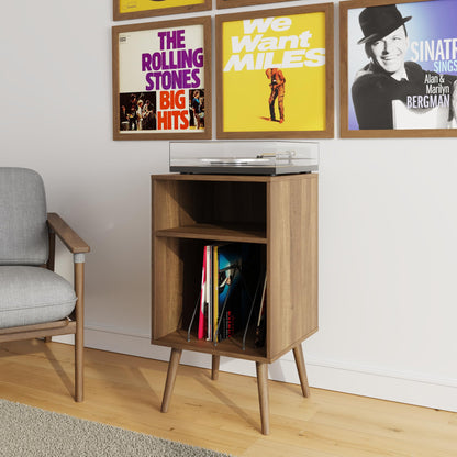 GFW Jaxon Compact Turntable Stand, Walnut Vinyl Record Storage Unit with Mid-Century Tapered Legs