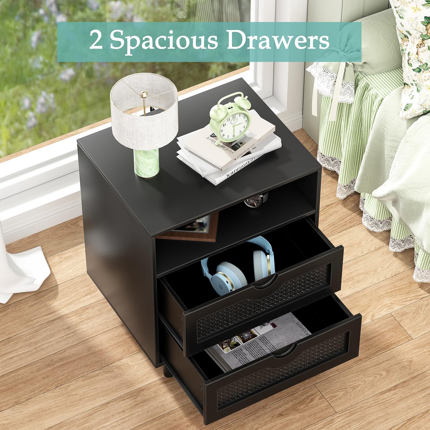 Skokliz Bedside Table with 2 Drawers, Black Rattan Nightstand with Open Shelf for Bedroom, Mid-Century Modern Side Table, 50cm W x 39.5cm D x 60cm