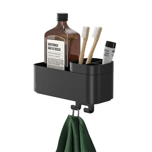 Tiger 2-Store Storage tray with towel hook and toothbrush holder 25 cm Black