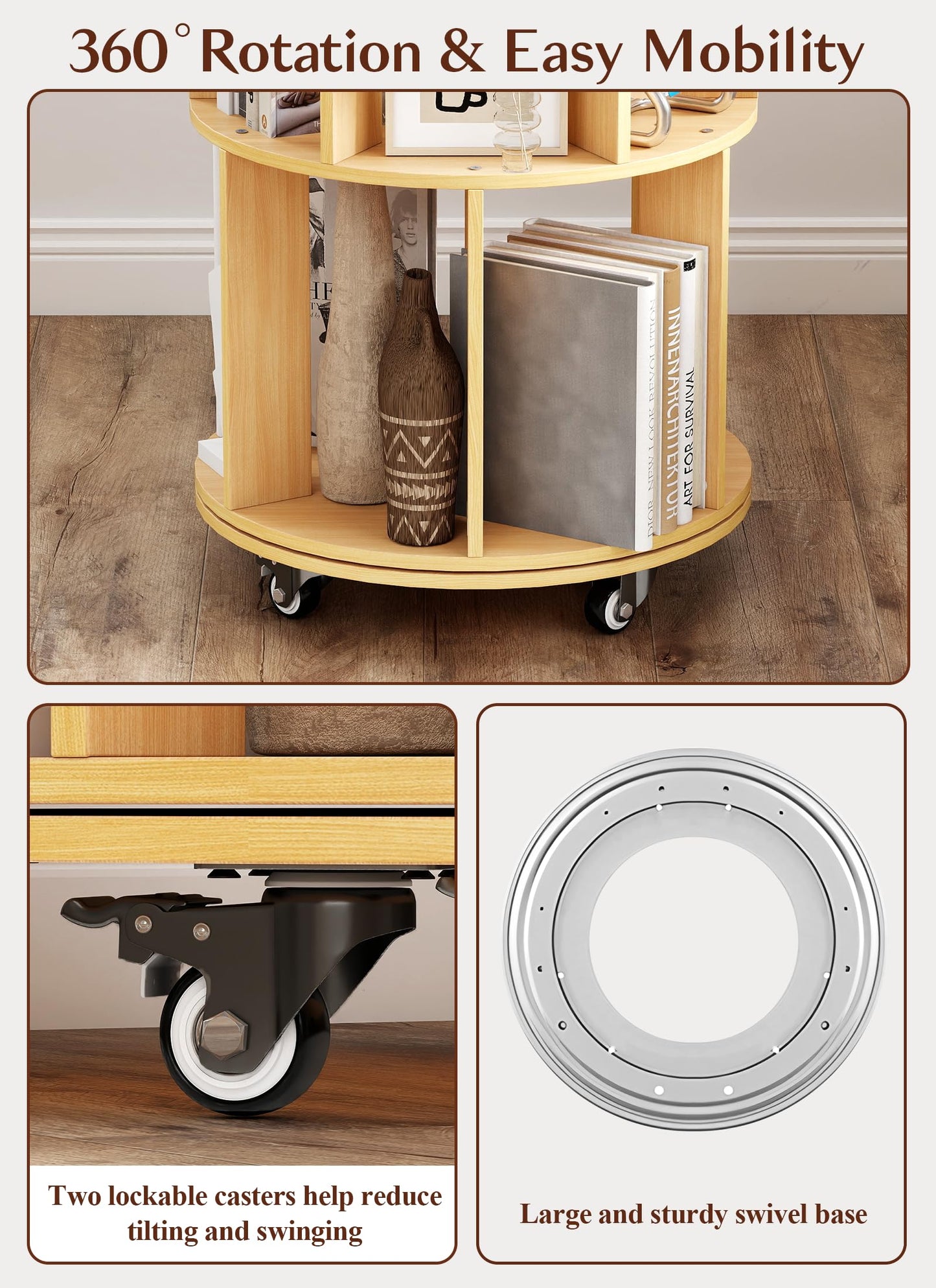 yeshine Rotating Bookshelf, 5-Tier Wood Color Spinning Bookcase