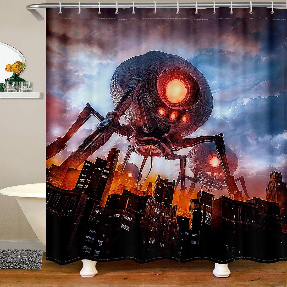 Alien Waterproof Outer Space Planets Kids Boys Girls Alien Machines Decor Shower Curtain with Hooks, 180x180cm