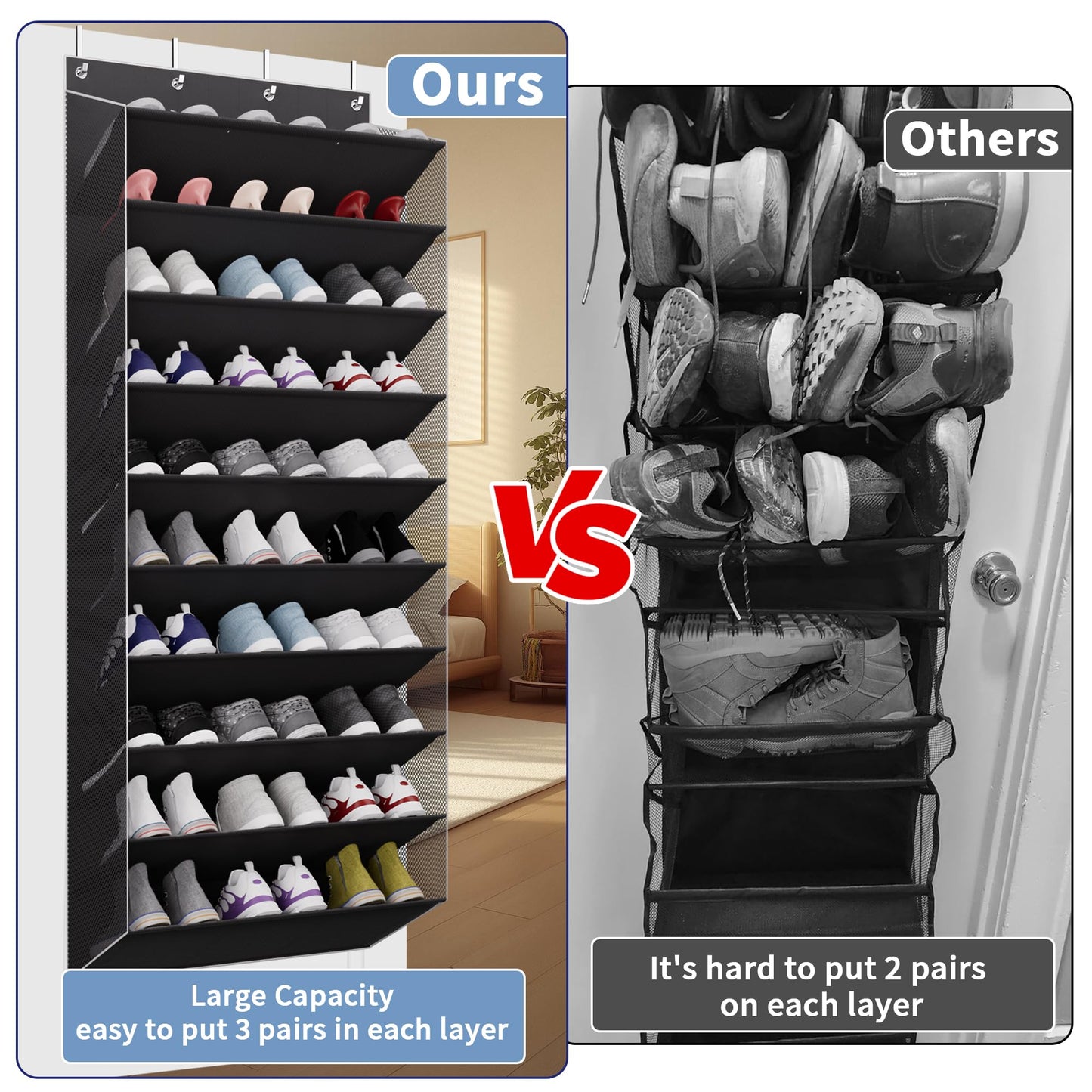 TAHAVICE Holds 30 Pairs Over Door Shoe Storage, 10-Tier Large Capacity Hanging Shoe Rack with Deep Pockets, Space-Saving Door Organiser for Bedroom