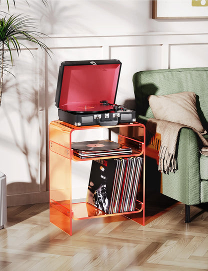 Dewrhiixe Acrylic Record Player Table with Storage Shelf, Clear Side Table, Nightstand (Orange, 45×30×58 cm, Acrylic)