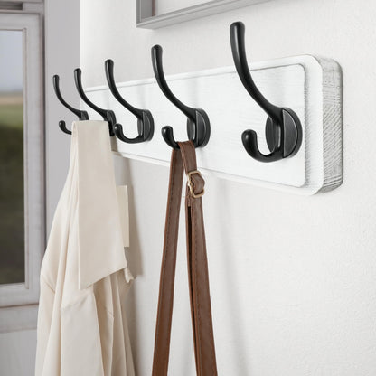 SKOLOO Farmhouse Style Wall Mounted Coat Rack, Pine Solid Wood Coat Hook Hanger - 5 Hooks for Hanging Clothes Robes Towels Coats