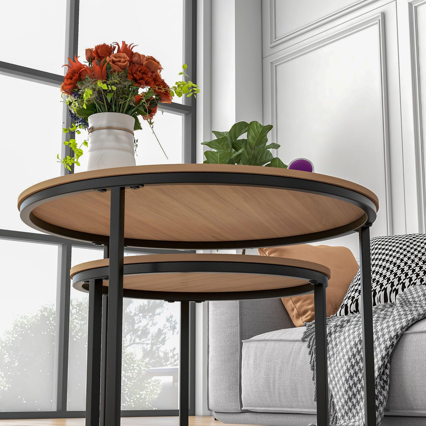 HOJINLINERO Black Round Coffee Table Set of 2 Side Table for Living Room,69.5x49cm Industrial Stacking End Tables,Wood Look Accent Furniture with