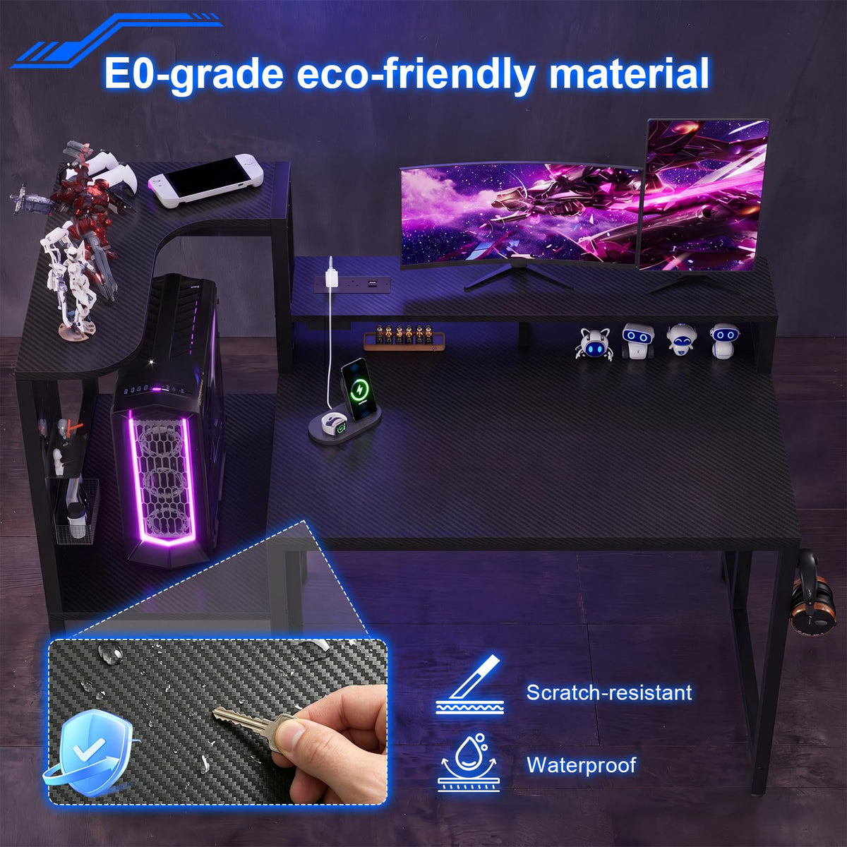 JUMMICO 140×70cm Gaming Desk with Pegboard & Built-in Power Outlet, Computer Desk with RGB LED Lights, 2 Fabric Drawers, Monitor Stand