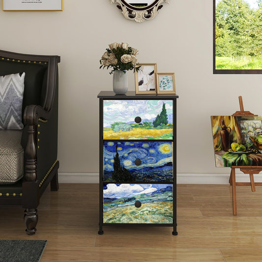Welfuturer Chest of Drawers with 3 Fabric Drawers Van Gogh Dresser for Bedroom Nightstand Bedside Table Small Storage Unit for Bedroom Living Room