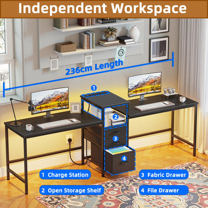 OYRREU 236cm Double Desk with Charging Station, LED & Drawers for 2 Person