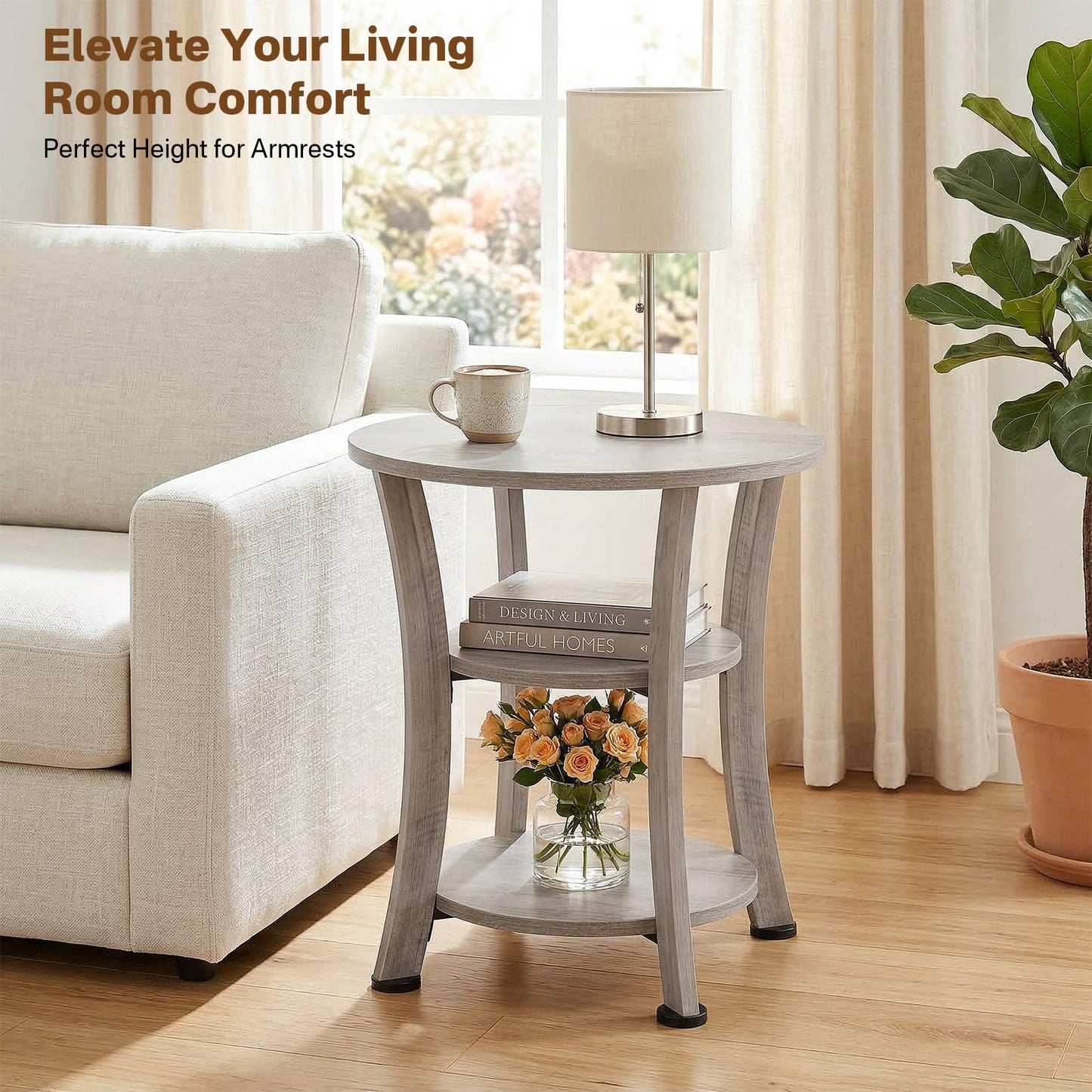 Yuede Round End Table, 3 Tier Side Table with Storage, Farmhouse Wood Side Table, Vintage Sofa Bedside Table Coffee Table for Bedroom Living Room