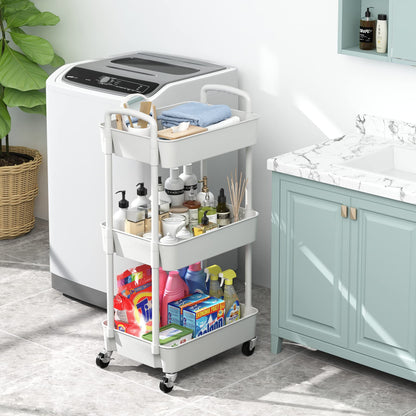 Sywhitta 3-tier Plastic Storage Trolley on Wheels, Kitchen Storage Utility Cart, Rolling Storage Rack for Bedroom, Bathroom, Office, White