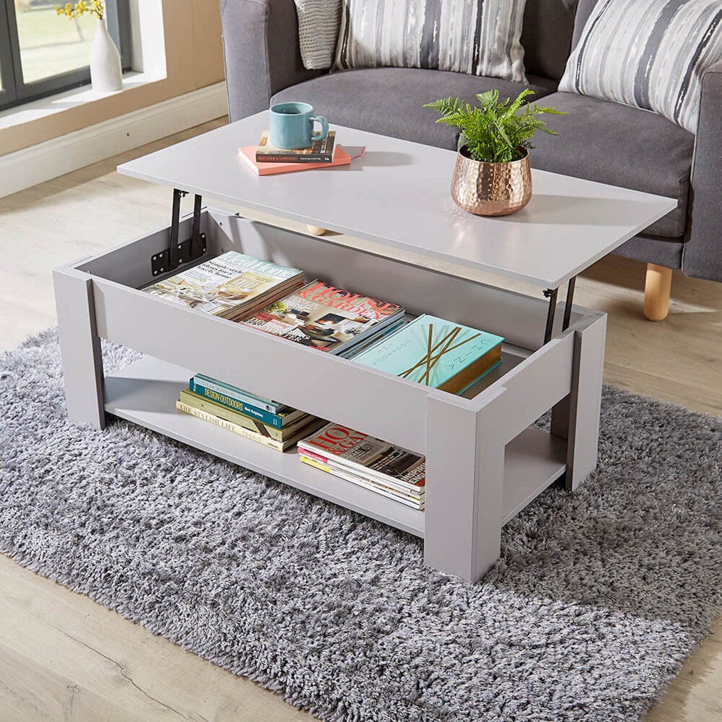 Home Source Coffee Table with Lift Up Top Storage Area and Magazine Shelf, Grey