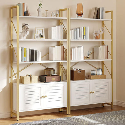YITAHOME Bookcase with Storage Cabinet, Standing 5 Tiers Book Shelf Display Rack with Doors for Bedroom Living Room Office,White&Gold
