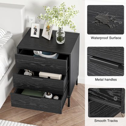 Skokliz Bedside Table with 3 Drawers, Black Nightstand for Bedroom, Wood Modern End Table for Living Room, Small Spaces, 50x40x60cm