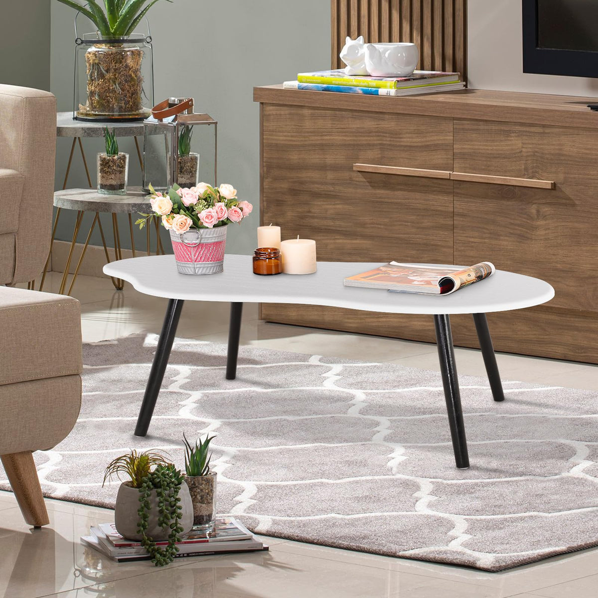 FEUFOAM Modern Coffee Table Cloud White Coffee Tables Irregular Center Table for Living Room Unique Wood Grain Table Top Coffee Table Floor Table for
