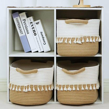 TeoKJ Storage Baskets 38x25x22cm – Woven Storage Basket with Tassels, Toy Basket with Handle, Rope Organizer for Living Room, Bathroom Baskets