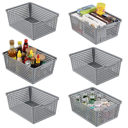 Minekkyes Set of 6 Plastic Cupboard Basket, Large Rectangle Storage Baskets for Home Office Bathroom Shelves(Gray)