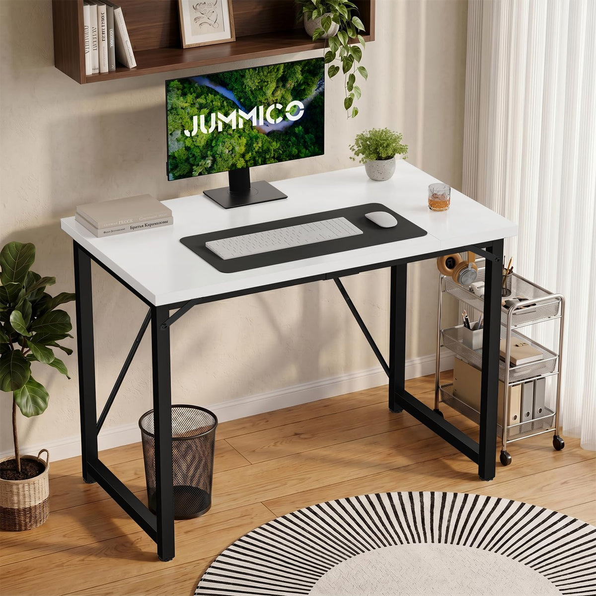 JUMMICO Computer Desk Table Workstation 100 x 50 x 75 cm for Office Living Room Bedroom Simple Assembly Industrial Design Black Desk Metal Frame,White
