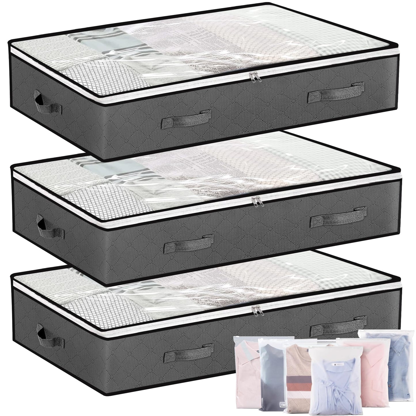 YUETOGUO Underbed Storage Bags Foldable 3Pcs Large Under Bed Storage Box with 6 pcs Large Clothes Storage Bag,Under Bed Storage Bag with Reinforced