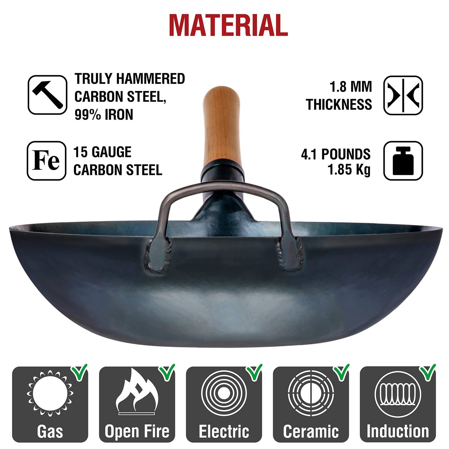 YOSUKATA Flat Bottom Wok Pan - 34 cm Pre-Seasoned Blue Carbon Steel Wok - Traditional Japanese Cookware for Electric Induction Ceramic Gas Cooktops