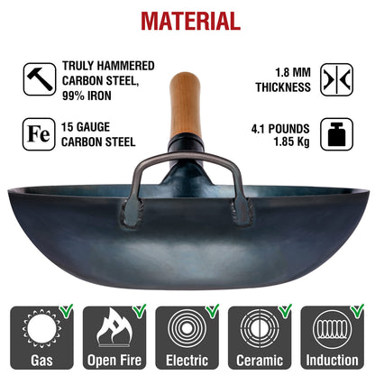 YOSUKATA Flat Bottom Wok Pan - 34 cm Pre-Seasoned Blue Carbon Steel Wok - Traditional Japanese Cookware for Electric Induction Ceramic Gas Cooktops